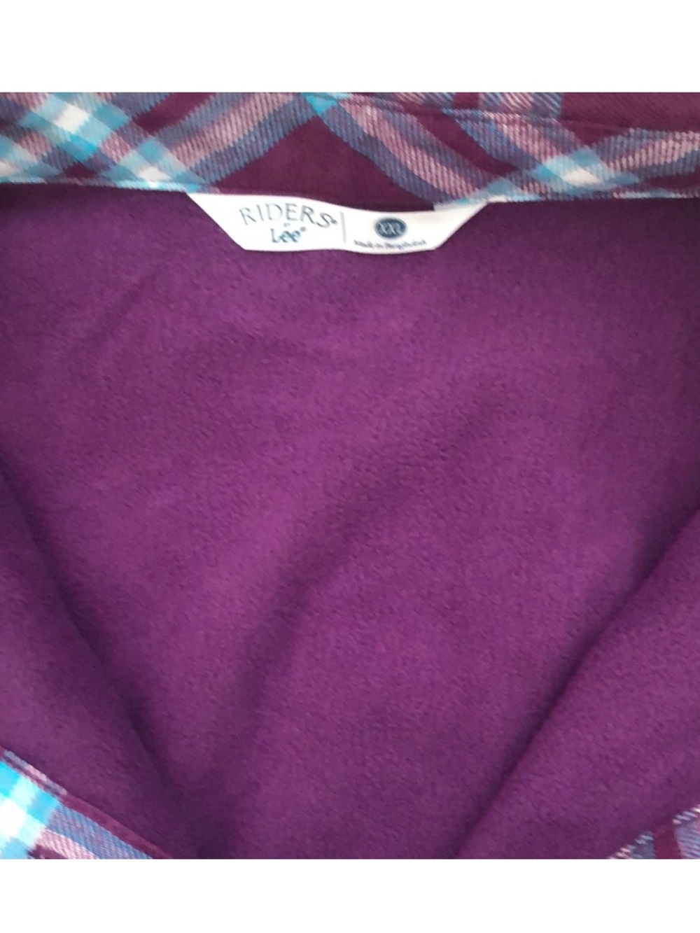 LEE RIDERS 🥾 THICK COTTON FAUX FLEECE SHERPA LINED PURPLE/BLUE PLAID SHIRT XXL - Picture 2 of 9